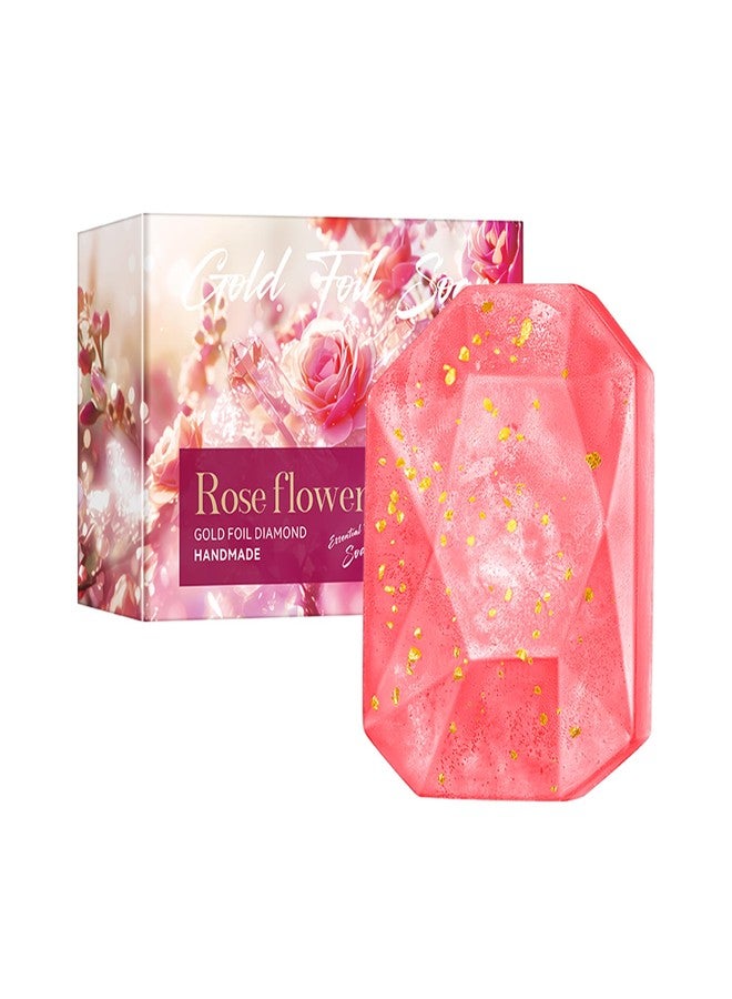 DLZZRS Essential Oil Soap, Rose Flower Gold Foil Diamond Handmade Soap, Gentle Care & Clean Skin Oil-control Moisturizing Bath Bar Soap Deep Nourishes Your Skin, Plant Body Bath Soap (Rose) - Image 1